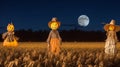 Spooky scarecrows gathered in a moonlit cornfield
