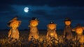 Spooky scarecrows gathered in a moonlit cornfield.