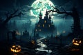 Spooky scene Halloween art showcases castle, moon, dead trees, and cemetery crosses