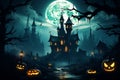 Spooky scene Halloween art showcases castle, moon, dead trees, and cemetery crosses