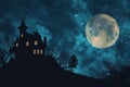 A spooky silhouette of a haunted house against a full moon in the night sky Halloween background with haunted house Royalty Free Stock Photo