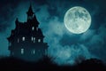 A spooky silhouette of a haunted house against a full moon in the night sky Halloween background with haunted house Royalty Free Stock Photo