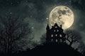 A spooky silhouette of a haunted house against a full moon in the night sky Halloween background with haunted house Royalty Free Stock Photo