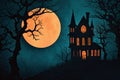 A spooky silhouette of a haunted house against a full moon in the night sky Halloween background with haunted house Royalty Free Stock Photo