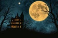 A spooky silhouette of a haunted house against a full moon in the night sky Halloween background with haunted house Royalty Free Stock Photo