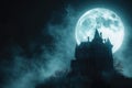 A spooky silhouette of a haunted house against a full moon in the night sky Halloween background with haunted house Royalty Free Stock Photo