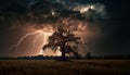 Spooky silhouette of tree against dramatic sky at dusk generated by AI Royalty Free Stock Photo