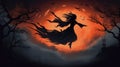 Spooky silhouette of a witch flying across a moonlit sky on Halloween night Royalty Free Stock Photo