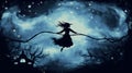 Spooky silhouette of a witch flying on a broomstick against a starry night sky Royalty Free Stock Photo