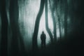 A spooky silhouetted, hooded figure with glowing eyes in a dark forest. With a grunge muted edit.