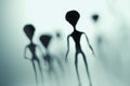 Spooky silhouettes of aliens and bright light in background. 3D rendered illustration