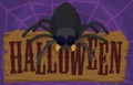 Spooky Spider over Cobweb Promoting Halloween over Wooden Sign, Vector Illustration