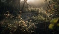 Spooky spider web captures dew in autumn forest generated by AI