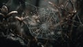 Spooky spider web traps dew drops in autumn forest background generated by AI Royalty Free Stock Photo