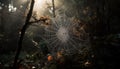 Spooky spider web traps dew drops in autumn forest macro generated by AI Royalty Free Stock Photo