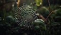 Spooky spider web traps dew drops in autumn forest meadow generated by AI Royalty Free Stock Photo