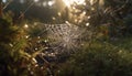 Spooky spider web traps dew drops in autumn forest meadow generated by AI Royalty Free Stock Photo