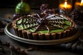 A spooky spiderweb chocolate tart with a gooey green \