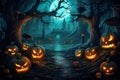 Spooky Splendor: Halloween Trees and Pumpkins on a Mysterious Background