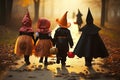 Spooky Squad Back View Group of Kids with Halloween Costumes Walking to Trick or Treating. created with Generative AI Royalty Free Stock Photo