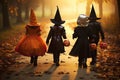 Spooky Squad Back View Group of Kids with Halloween Costumes Walking to Trick or Treating. created with Generative AI Royalty Free Stock Photo