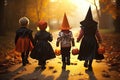 Spooky Squad Back View Group of Kids with Halloween Costumes Walking to Trick or Treating. created with Generative AI