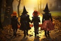 Spooky Squad Back View Group of Kids with Halloween Costumes Walking to Trick or Treating. created with Generative AI Royalty Free Stock Photo