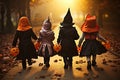 Spooky Squad Back View Group of Kids with Halloween Costumes Walking to Trick or Treating. created with Generative AI Royalty Free Stock Photo