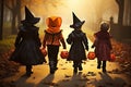 Spooky Squad Back View Group of Kids with Halloween Costumes Walking to Trick or Treating. created with Generative AI Royalty Free Stock Photo