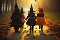 Spooky Squad Back View Group of Kids with Halloween Costumes Walking to Trick or Treating. created with Generative AI Royalty Free Stock Photo