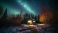 Spooky star trail illuminates abandoned winter hut in tranquil forest generated by AI Royalty Free Stock Photo