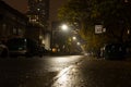 Spooky street in the fog. Wet road, autumn trees and night lights. Halloween night.