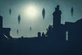 A spooky supernatural concept. Of spirits floating above a historic, old town with chimneys at night. With a grunge, textured edit