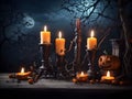 Spooky Table Setting: Halloween Background with Candles and Twisted Branches Royalty Free Stock Photo