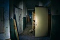 Spooky terrible dark corridor in old abandoned ruined hospital