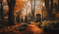 Spooky tombstone amidst autumn forest, surreal beauty generated by AI