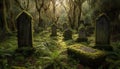 Spooky tombstone in dark forest, Halloween horror night generated by AI