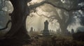 Spooky tombstone in dark forest, symbol of death and mystery generated by AI