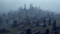 Spooky tombstone in dark, mysterious graveyard, symbol of death and religion generated by AI