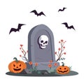 Spooky tombstone with pumpkin lanterns and bats. Vector illustration. Halloween concept Royalty Free Stock Photo