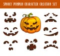 Spooky traditional halloween pumpkin character creation illustrations set