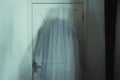 A spooky, transparent blurred ghost floating through a wooden door in a old building