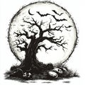 spooky tree silhouette , black and white illustration isolated on white background Royalty Free Stock Photo