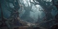 Spooky trees in dark fantasy forest. Generative AI illustration