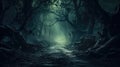 Spooky way, dark trees and mystic light in scary forest at Halloween night Royalty Free Stock Photo