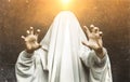 Spooky white ghost costume with black eyes on a gray background. Halloween horror minimal concept. Image with scratces and sunny