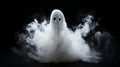 A spooky white ghost floating in a misty black background. Generative ai