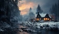 Spooky winter night abandoned cottage, mysterious forest, snowy landscape generated by AI Royalty Free Stock Photo