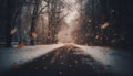 Spooky winter night, driving on slippery asphalt through foggy forest generated by AI Royalty Free Stock Photo