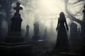 Spooky woman vampire standing at misty graveyard. Generative AI Royalty Free Stock Photo